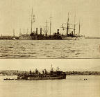 Off the foot of Fifth Street, the cruiser Marblehead and the gunboat Princeton (upper photo) are taking fuel from the collier Saturn, in 1906; below, the entire destroyer force - the Paul Jones and Perry - have sprouted Christmas trees for the 1905 holiday season. Note the complete absence of radio antennae in both photos.