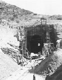 Construction crews work on one of the San Diego & Arizona's twenty-three tunnels in this c. 1918 view.